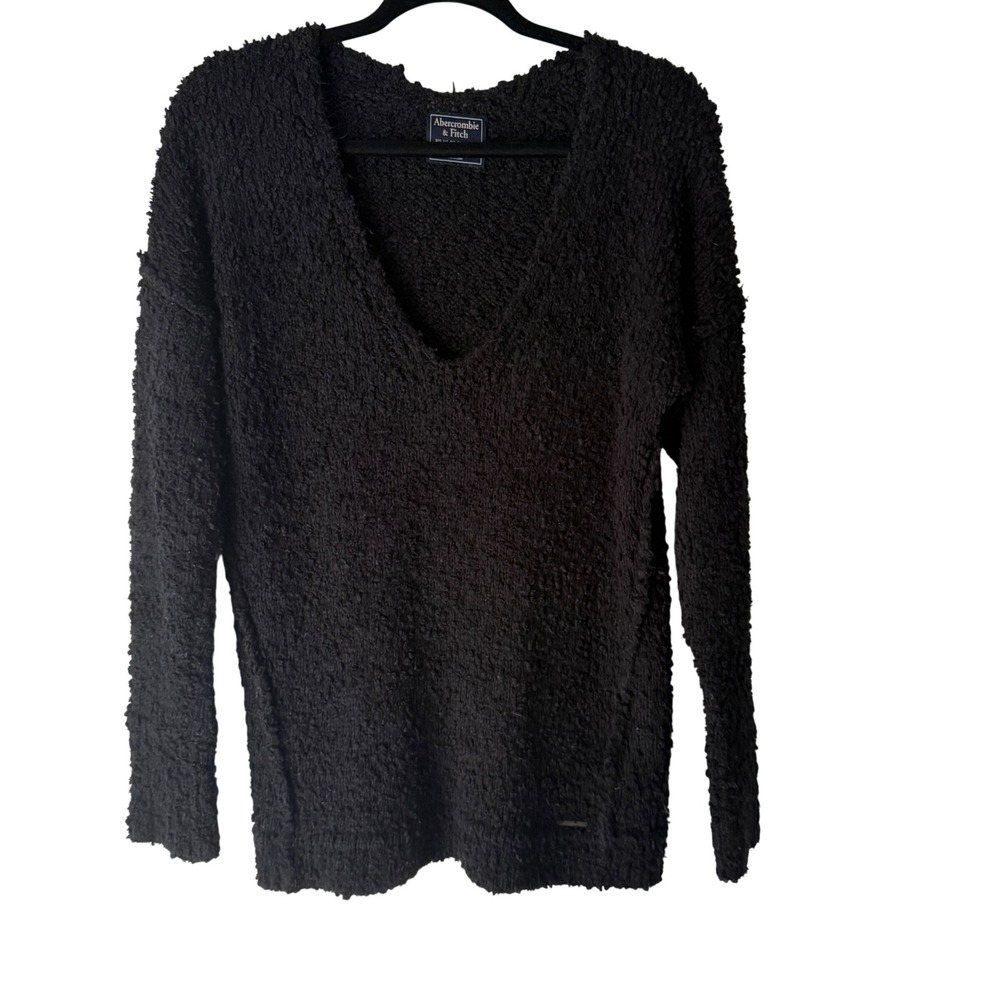 Abercrombie Fitch Popcorn V Neck Long Sleeve Sweater Black Women's Medium Preppy